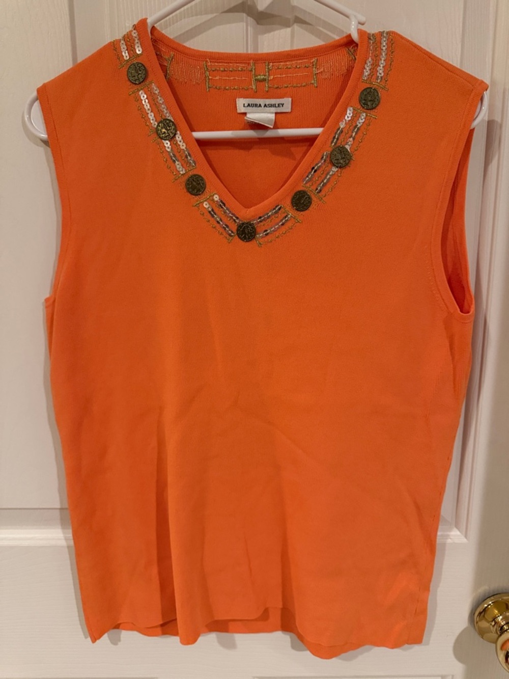 Laura Ashley Orange Beaded V-Neck Sleeveless Tank Med